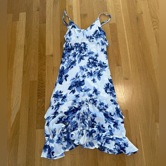 Island Time Blue and White Floral Print Ruffled Midi Dress by LULU's - Picture 7 of 16